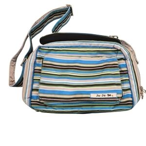JU JU BE BETTER BEE STRIPED MESSANGER DIAPER BAG WITH CHANGING PAD.